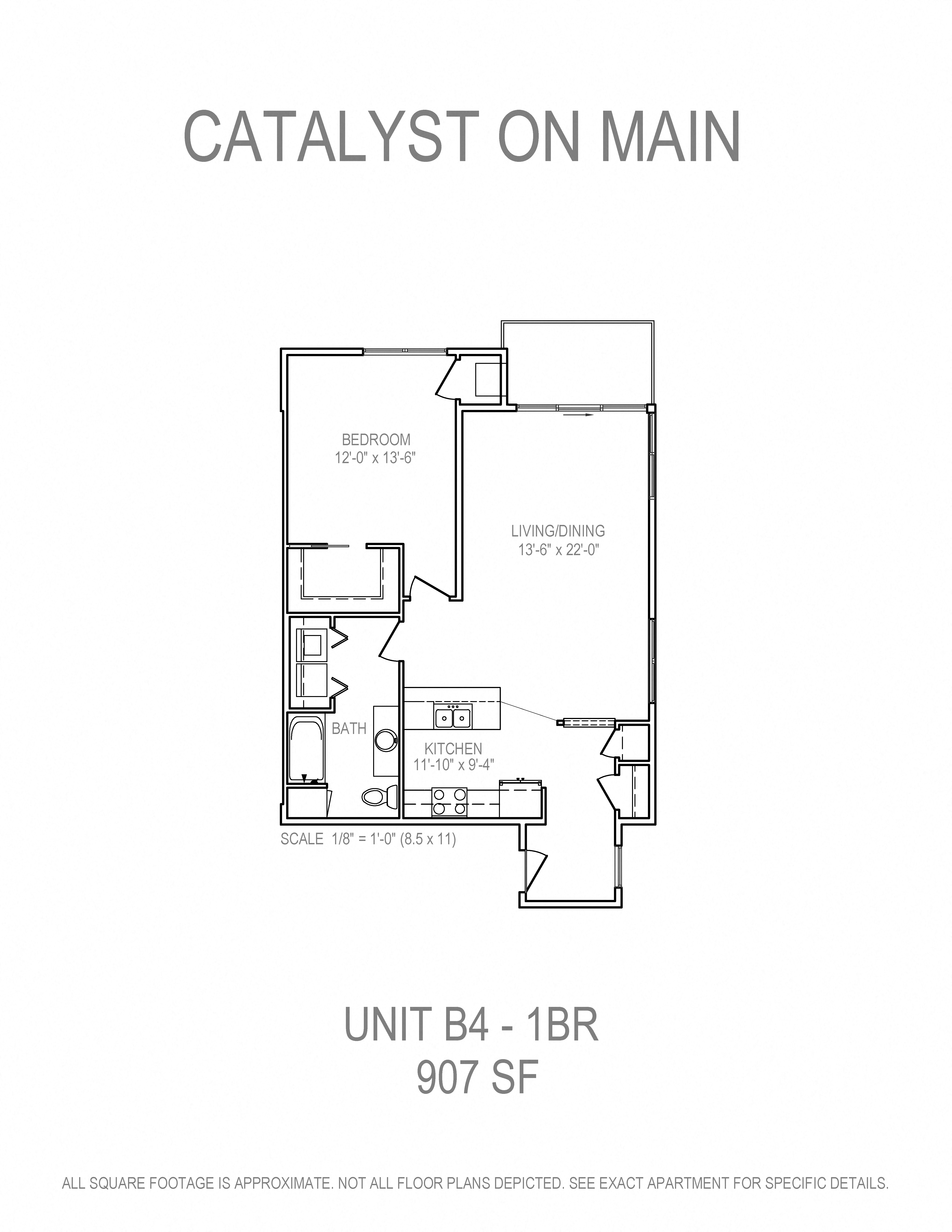 Floor plan for 1 bed, 1 bath, 907 sqft